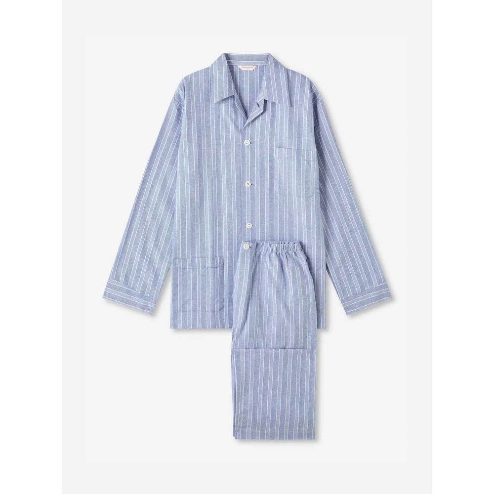 Derek Rose Mens Classic Fit Pajamas Arran Brushed Cotton Blue Herringbone Stripe